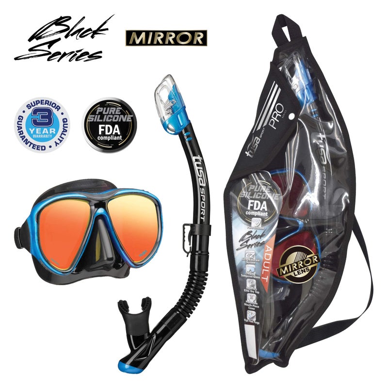 TUSA Sport Adult Powerview Mask and Dry Snorkel Combo, Black/Fishtail Blue Mirrored Lens (UC-2425PMQB-FBB) - Image 2